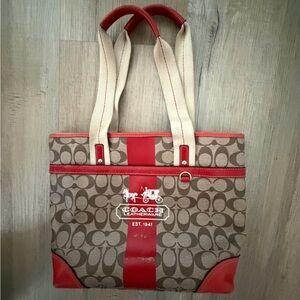 Coach Red and Tan Signature Tote